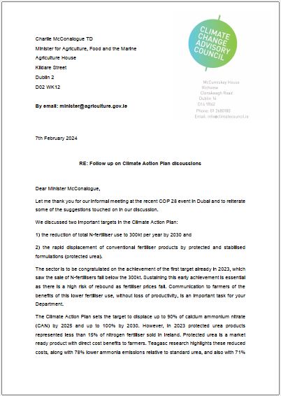 Letter to Minister McConalogue regarding Climate Action Plan